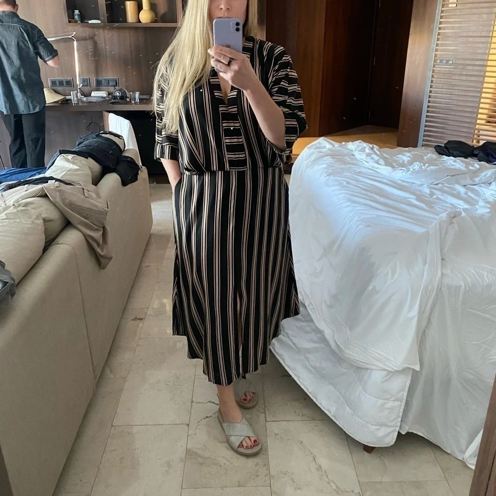 Kaftan Sexy V Neck Striped Midi Dress EUC